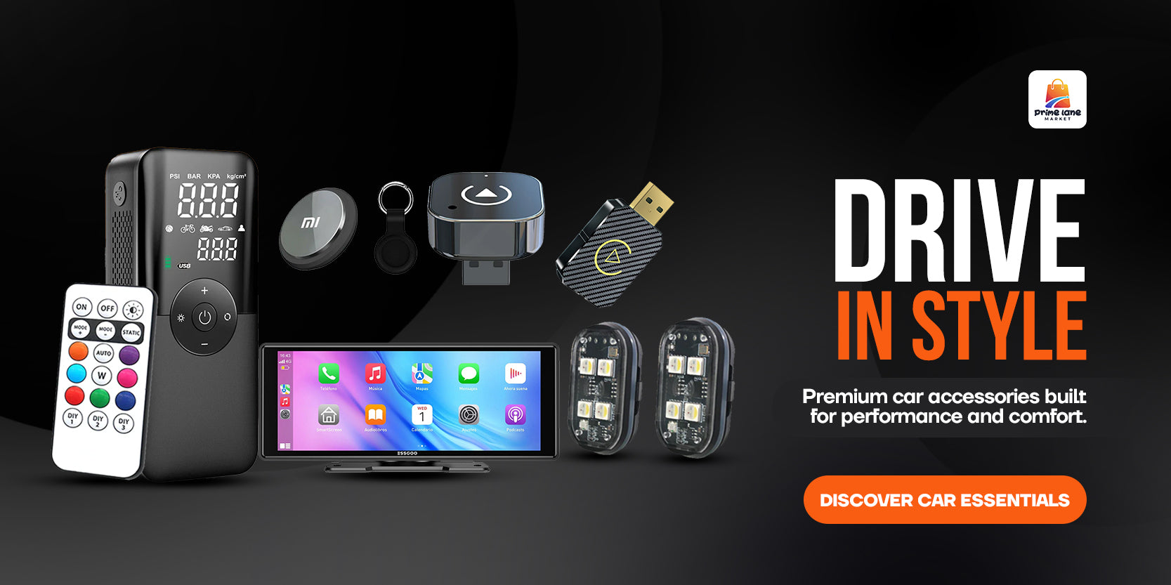 Collection of car accessories with a dark background and 'Drive in Style' branding.