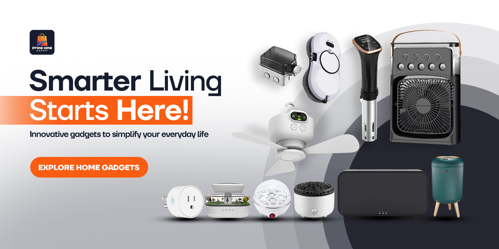 Promotional banner for home gadgets with text 'Smarter Living Starts Here!' and various electronic devices.