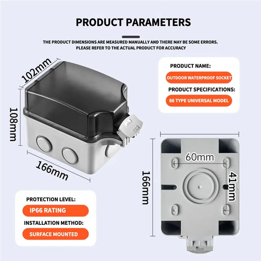 EU Socket IP66 Weather Dustproof Outdoor Plug Wall Socket Outlet